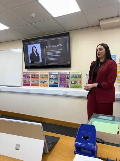 Alumna Jade presenting to Sixth Form students.