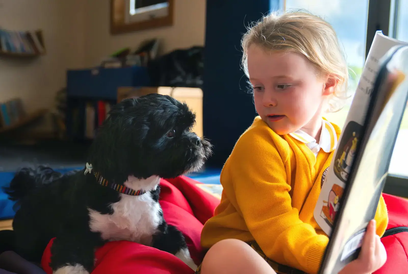 Chapter House student reading with the dog.