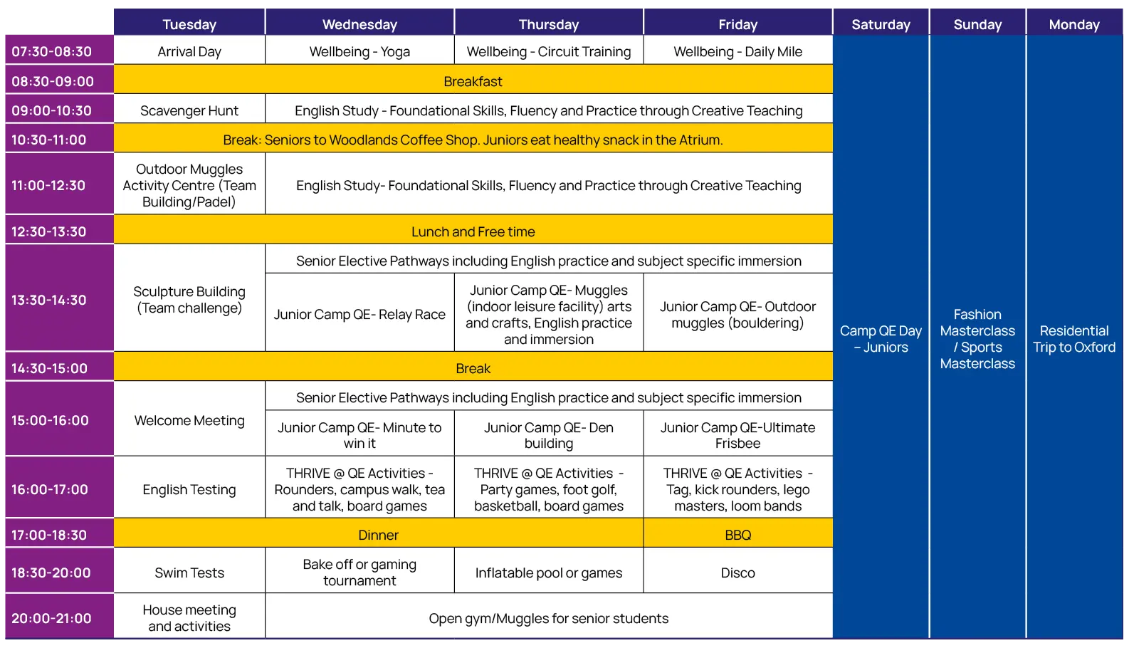 Sample timetable of the Junior and Senior International Summer School.