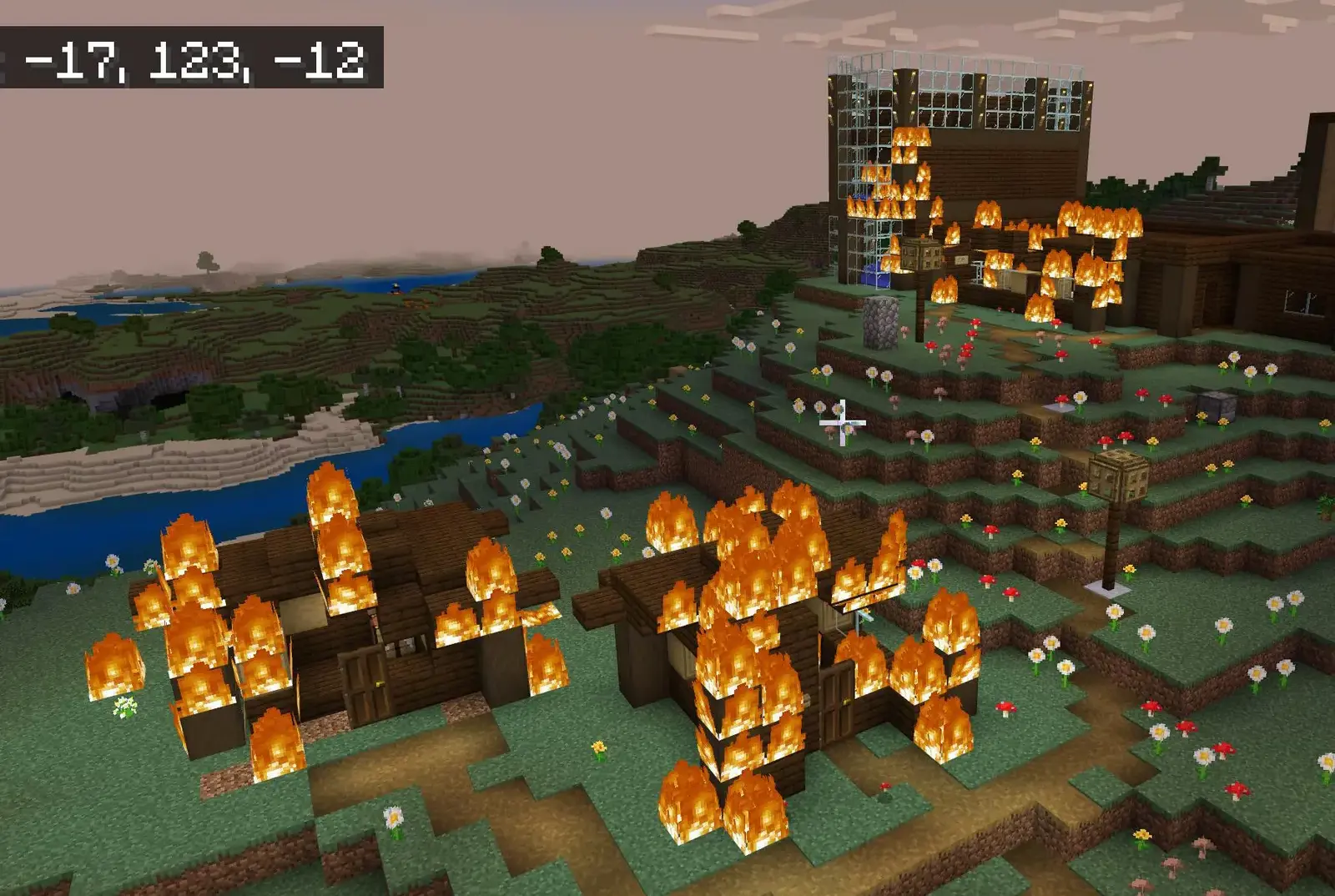 A village on fire! In the Minecraft in education challenge.