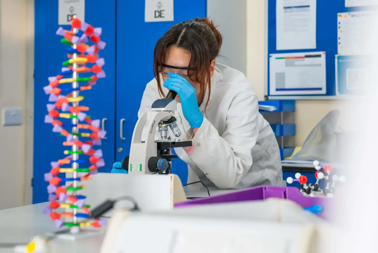 Student looking through a microscope as part of a Science lesson at QE.